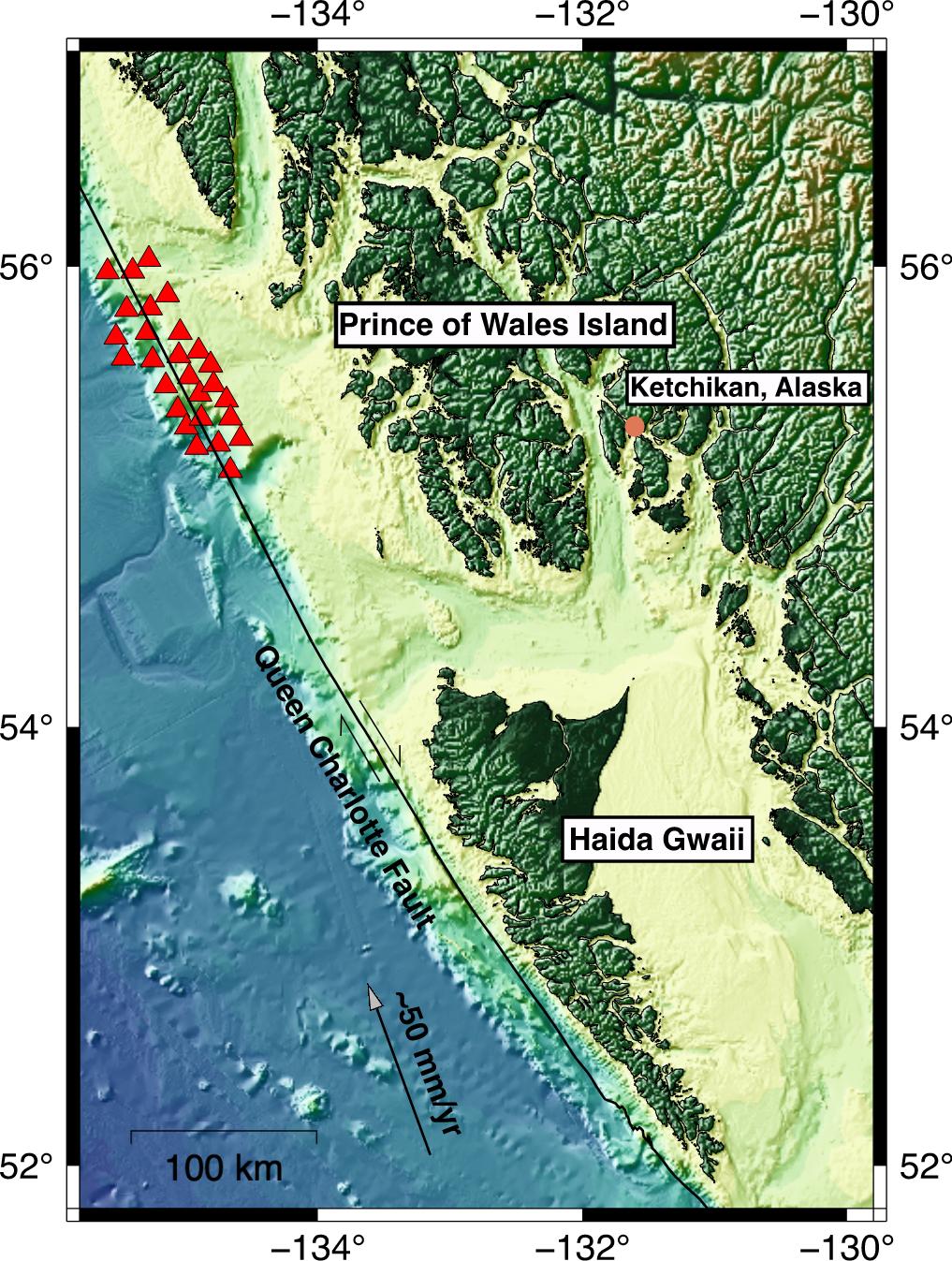Map of the study area. Red triangles: 28 OBS sites deployed this summer. The research cruise set sail from Ketchikan deployed and deployed OBS offshore Prince of Wales Island. The 50 mm/yr arrow indicates the relative plate motion between the Pacific and North America tectonic plates.